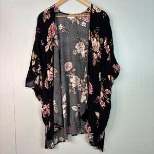 Maurices Kimono One Size Black Pink Floral Boho Flowy Wrap Rauna Festival